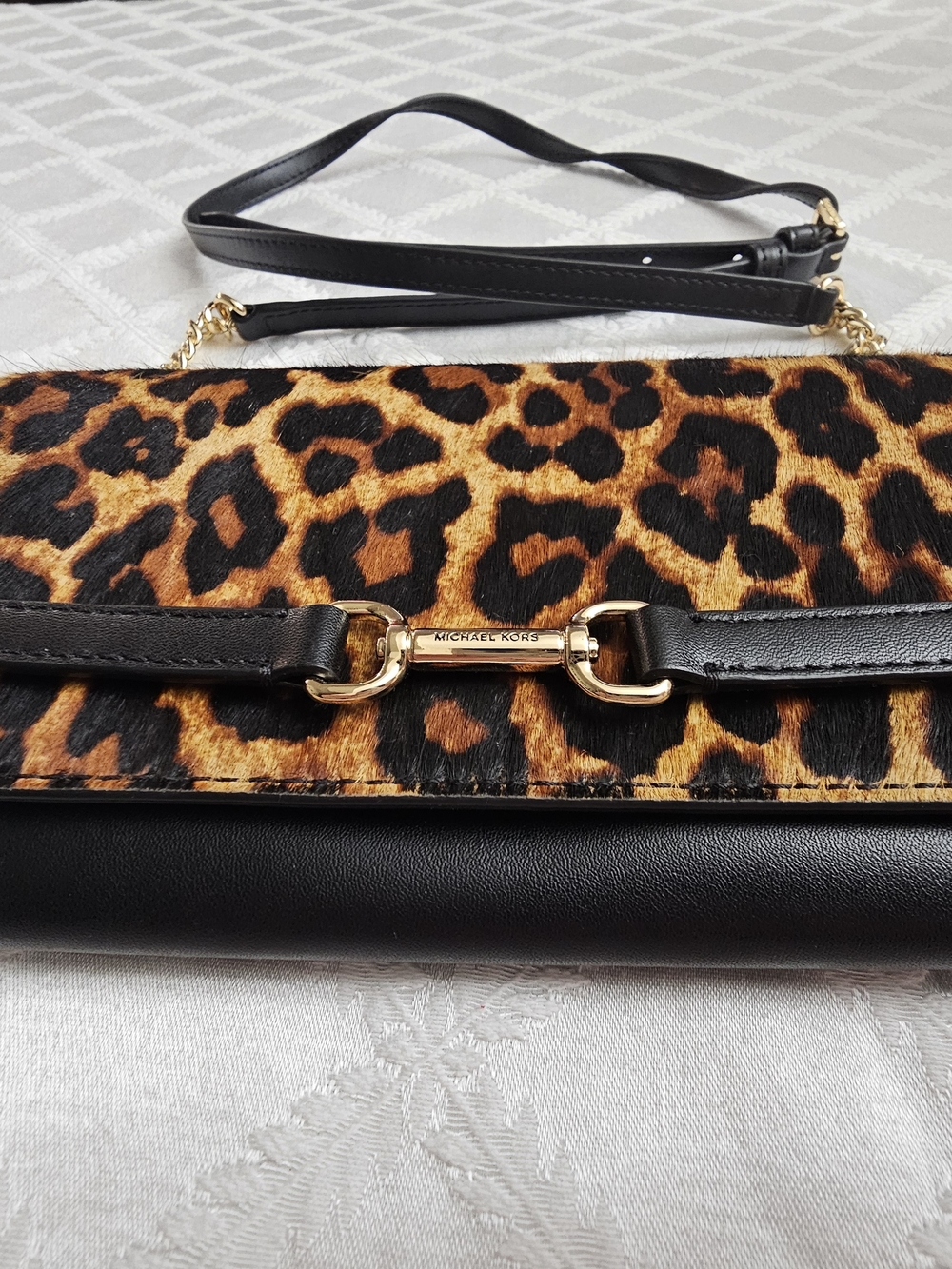 Michael Kors Leopard Print Leather Crossbody Bag in Black and Brown